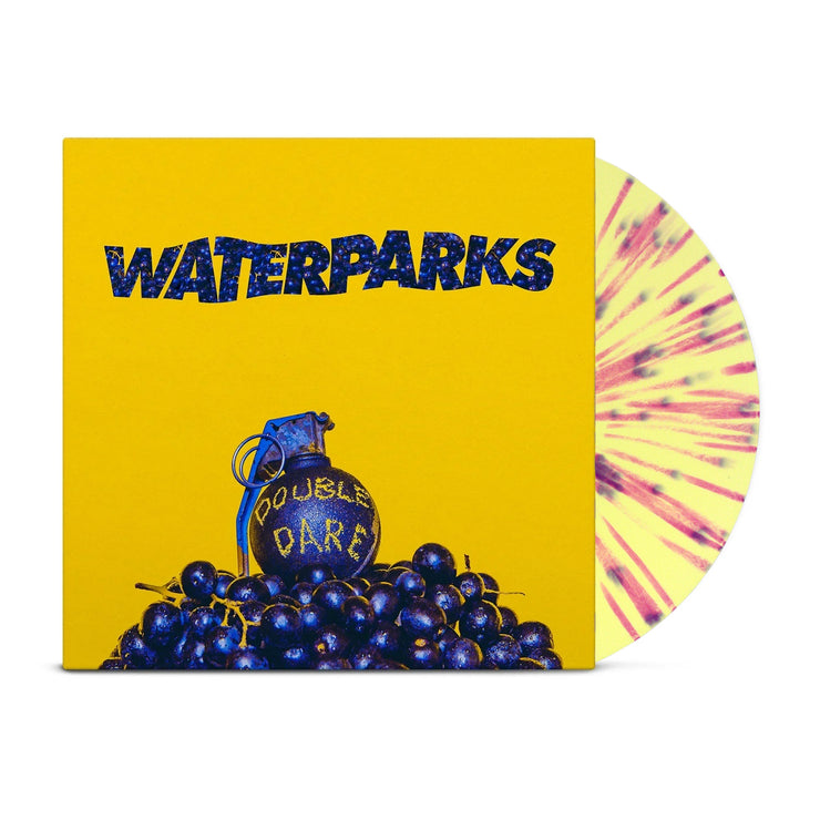 Vinyl jacket with a picture a blue grenade on it and a yellow background. Text on the cover reads Waterparks. Sticking out of the vinyl cover is a blue and yellow mix colored record.