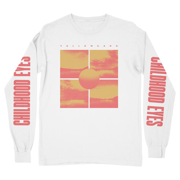 White Yellowcard long sleeve. There are red letters on the sleeve that read "Childhood Eyes." There are four red and orange pictures of water, with a sun in the middle of them all. The name "Yellowcard" is above them in red letters.