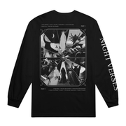 Night Verses Every Sound Has A Color In The Valley Of Night Black Long Sleeve Back. Right Sleeve has Night Verses text in white down the sleeve. The full back print has a large square image cut with 14 different images making up the full square. each image represents each song on the album.