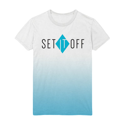 This T shirt is white on the top and fades to light blue on the bottom.  In the middle of the shirt reads the words SET IT OFF.  the SET and OFF are written in black letters.  The IT is written inside a blue diamond in white letters.