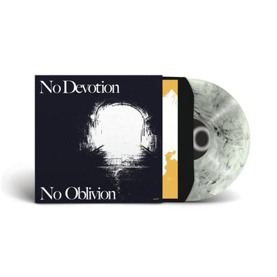 Vinyl cover with a distorted black and white image of a tunnel with a light at the end of it. There is text that reads NO Devotion and no oblivion.  The vinyl sticking out of the side of the cover is colored Coke Bottle Clear with a Black Marble.  