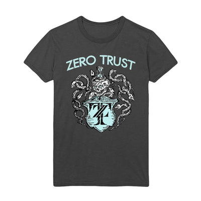 Charcoal colored short sleeve shirtwith ZERO TRUST written across the top. Below the text is a drawing of a skeleton with snakes surrounding it, drawn in white. Below the skeleton is a crest that has the letters Z and T written inside it. 