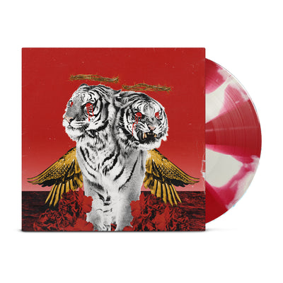 Square vinyl with a red background and a two headed white tiger with gold wings on the front of the vinyl cover. There are also red roses at the bottom of the cover, blood coming from both tiger’s eyes, and a crown of thorns above both of the tigers heads. There is a vinyl record that is sticking out of the vinyl cover that is the colors red and white. 