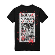 Back of black short sleeve shirt with Equal Vision Records logo covering the entirety. Logo printed in white/cream color. Red splatter over logo.