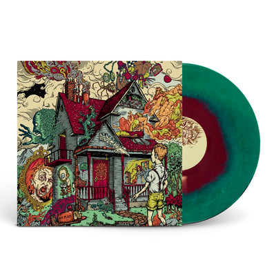 Vinyl jacket with a colorful drawing of a house. The house is on fire and there is a boy standing on the outside and looking in. The sky is all clouded with smoke and there are faces and creatures surrounding the house. There is a crimson red and sea blue colored vinyl peeking out of the side.