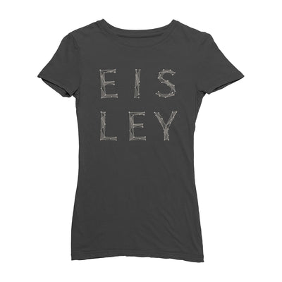 Black women's cut short sleeve shirt with EISLEY written across the chest in large letters with dots on each letter's corners. The text is split into two rows, EIS on top and LEY on bottom.