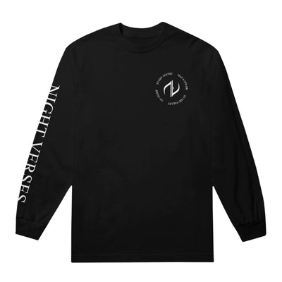 Night Verses Every Sound Has A Color In The Valley Of Night Black Long Sleeve Front. Left chest has the Night Verses logo with the Album Title around the logo in a circle. down the right sleeve is Night Verses text all in white ink. 