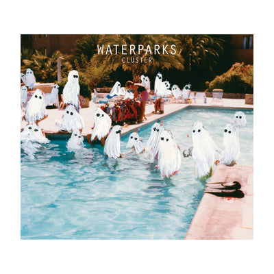 Square cd that depicts a bunch of ghosts at a swimming pool with sunglasses on.  There is text that reads Waterparks and Cluster.