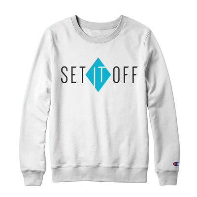 White crewneck with text across the chest that says SET IT OFF. The word IT is written inside of a blue diamond and in white text, and the words SET and OFF are written in black text.