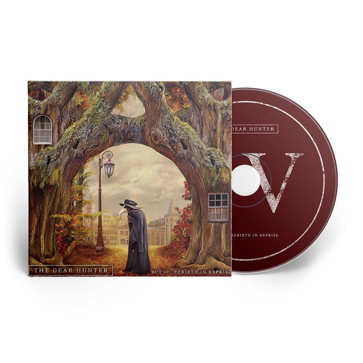 Square CD with red / brown colored disc peeking out the side. Artwork on the cover is two large trees grown together with moss on them and windows built into both sides. In the center, the two trees form an arch, and under it is a figure wearing a cloak, mask, and hat. To the left of the figure is a street light. In the background, there are buildings that seem to belong to a city. In the bottom left, there is text that says "THE DEAR HUNTER".