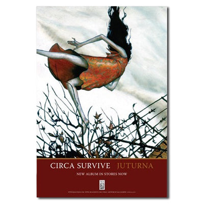 Poster with text that says CIRCA SURVIVE JUTURNA below artwork. The artwork is a girl wearing a dress and walking through grass with her hair blowing in the wind. On the right there is a brick building and a black gate. The bottom of the poster is red and has text that says NEW ALBUM IN STORES NOW.