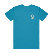 Aqua colored short sleeve shirt with the Hail The Sun logo in top corner (circle with three lines coming out of the bottom). 