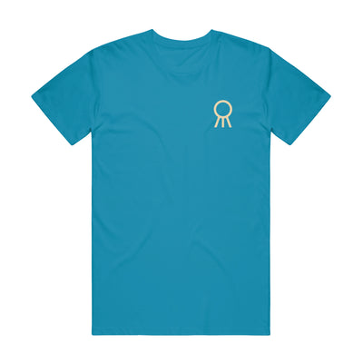 Aqua colored short sleeve shirt with the Hail The Sun logo in top corner (circle with three lines coming out of the bottom). 
