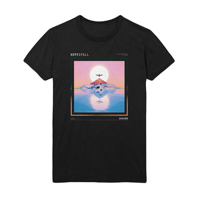 Black short sleeve shirt with artwork in the center. The artwork is the sun with a bird with it's wings spread over it. Below the bird is a mountain in the center of a body of water. It also says HOPESFALL in the top left of the artwork, and ARBITER in the bottom right.