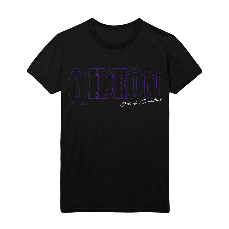 Black short sleeve shirt with light purple text across the chest that says GIDEON. Overlapping the purple text on the bottom right is white cursive text.