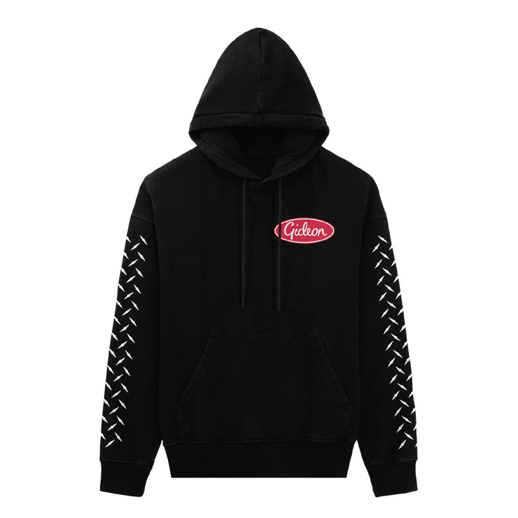 front of black hoodie, "gideon" printed in white inside a red circle, in cursive on the left chest. steel texture printed in white down the sleeves.