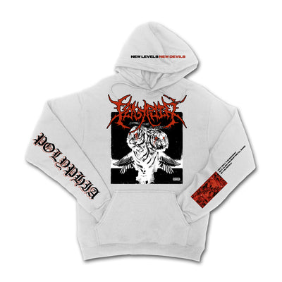 White pullover hoodie with POLYPHIA written in red metal font across the chest. Below the red font there is album artwork of two white tigers with wings and bloody eyes. On the hood there is text that says NEW LEVELS NEW DEVILS. On one arm there is black and red text that says POLYPHIA.