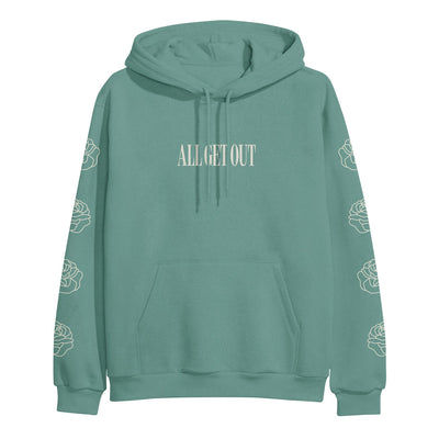 We see the front side of a soft green mint colored hoodie with text in the middle that reads, ALL GET OUT.  On both sides of the sleeves we see roses depicted going all the way from the top of the outer arm to the bottom of the outer arm. The hoodie looks very comfortable and soft.