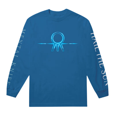 Royal blue colored long sleeve shirt with the Hail The Sun logo across the chest in blue (circle with three lines coming out the bottom. On one sleeve, there is white text that says HAIL THE SUN, and on the other there is blue text that says MENTAL KNIFE.