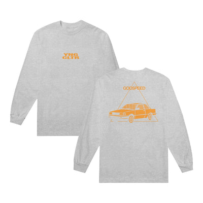 Grey long sleeve shirt with YNG CLTR in orange on the chest. On the back there is a ca drawn in orange with a triangle around it. Above that, there is text that says GODSPEED, also printed in orange.