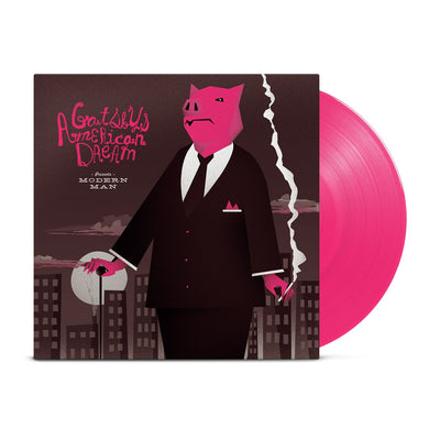 Vinyl jacket with a drawing of a pig ina  suit standing in front of a city with the moon behind buildings. In the top left there is text in pink that says GATSBY'S AMERICAN DREAM. Peeking out of the jacket is a pink vinyl.