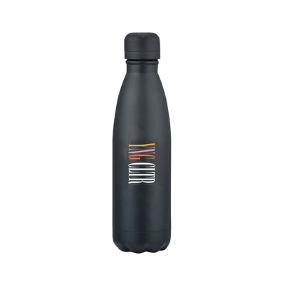 Black stainless steel water bottle with partially colored lettering spelling "YNG CLTR". "YNG" is colored yellow, pink, and orange, and CLTR is colored white.