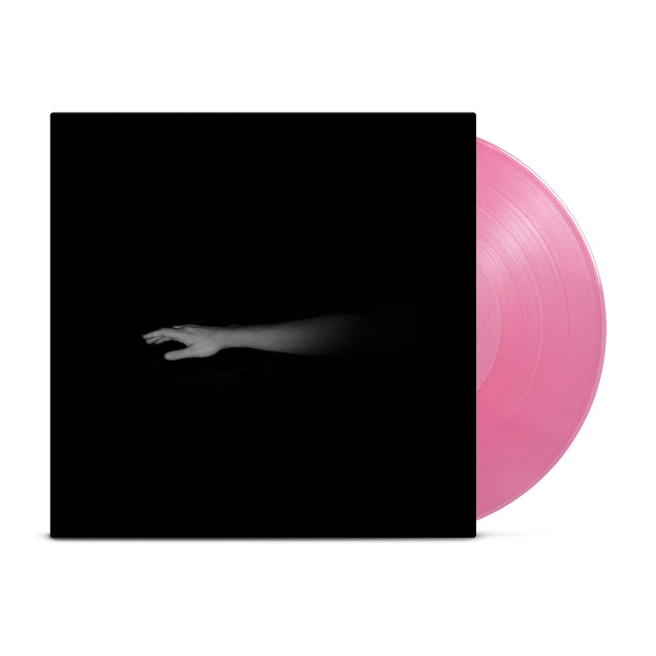 Image of Fairweather Deluge Vinyl LP with LP exposed to show color. Color of LP is Pink. Album cover shows half a ghostly arm on a black background.