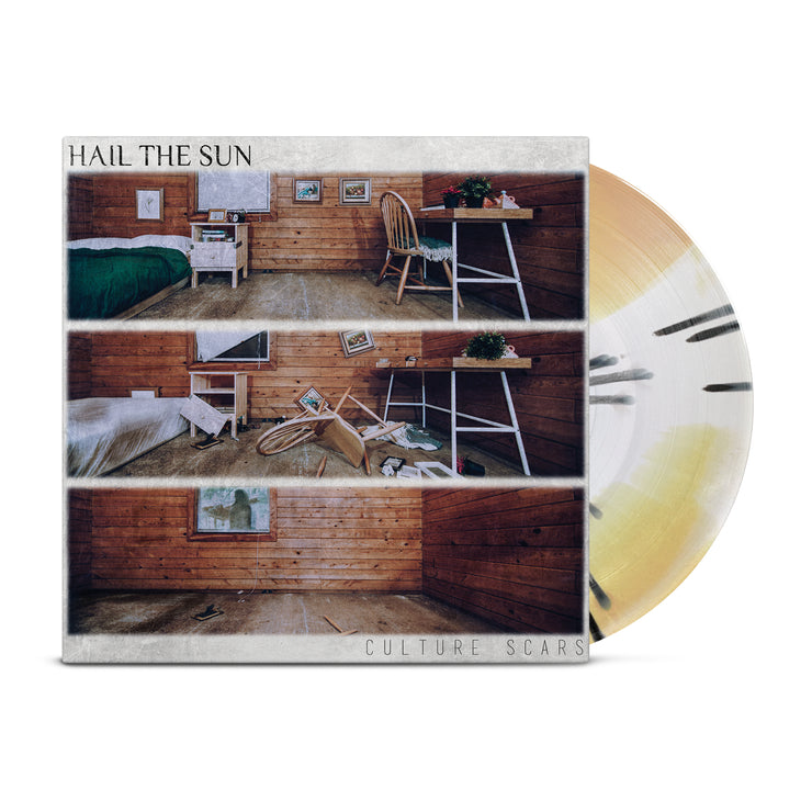 A vinyl cover shows a cabin with furniture slowly disappearing as we see three frames of the same room.  On the top text reads Hail the Sun and on the bottom text reads culture scars.  The vinyl is sticking out of the cover and is a White/Custard Mix With Black Splatter color  