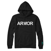 Black pullover hoodie with ARMOR written on the chest in large white font. On the bottom right sleeve is a small threaded figure.