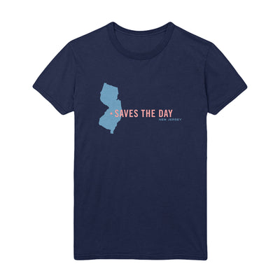Navy short sleeve shirt  with SAVES THE DAY written across the chest, overlapping a blue drawing of New Jersey. To the bottom right of the text, there is small blue text that says NEW JERSEY.