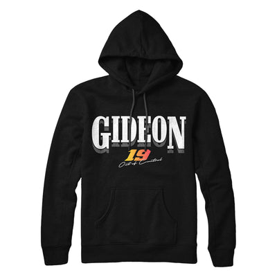 Black pullover hoodie with GIDEON written across the chest in white font. Below that the number 19 is written in a yellow and orange gradient font. Below that there is small white text that says OUT OF CONTROL.