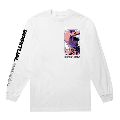 White longsleeve shirt with SPIRITUAL written in black letters down the right sleeve.  In the top left corner of the shirt, there is a design of a woman with tattoos on her back.  The woman is colored pink and purple with black tattoos, and below reads CHERIE AMOUR.