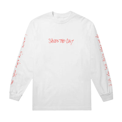 White long sleeve shirt with pink text that says SAVES THE DAY across the chest. Down both sleeves are song lyrics printed in the same pink font.