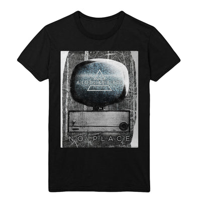 Black short sleeve shirt with an image with an old TV in the center. There is static on the TV and text in it that says A LOT LIKE BIRDS. Below the TV there is text that says NO PLACE.