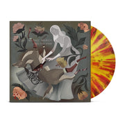 Vinyl jacket with artwork of a woman wearing a long grey dress in the center. The woman is reaching down onto her legs where there is a deer that has been split in half. In each corner is drawings of light pink flowers, one of them having a skull blooming out of it. In the top left corner there is text that lightly says HOT WATER MUSIC and below it there is text that says FEEL THE VOID. There is a yellow with red splattered vinyl peeking out of the side.
