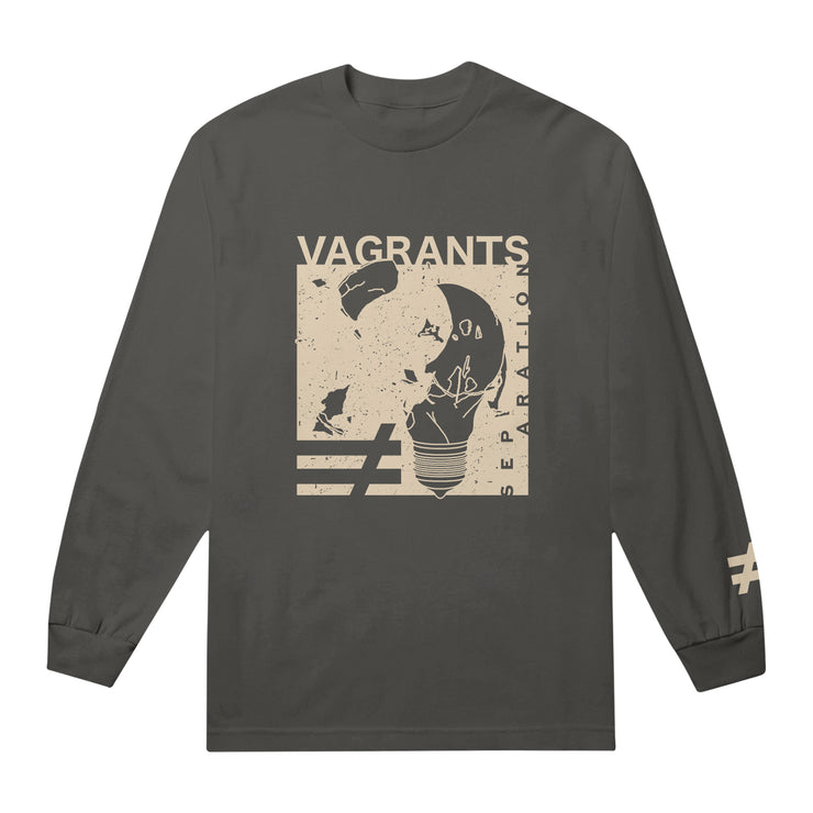 Charcoal long sleeve shirt with a cream box in the center. Inside the box, there is a charcoal and cream lightbulb being shattered. On the bottom of the sleeve, there is a not equal to sign drawn. On the top of the box, it says "VAGRANTS" in large cream font.