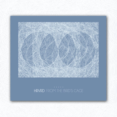 Square CD with album art that shows a wavy line art design in white ink on a solid blue background. Below the design is text that says HRVRD FROM TEH BIRD'S CAGE.
