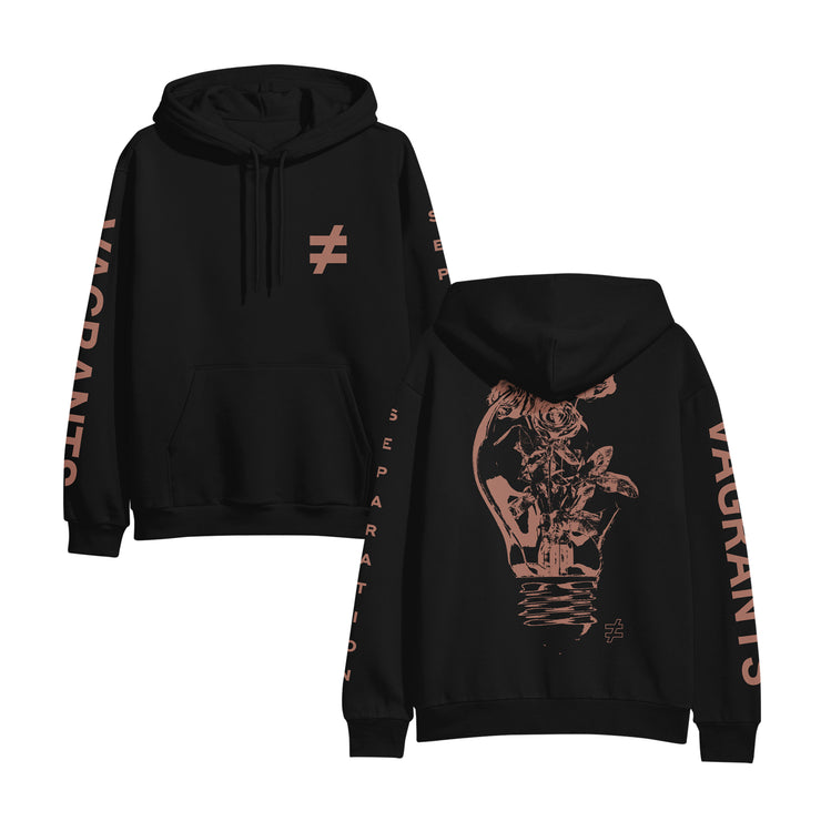 Black pullover hoodie with a not equal to sign in the top corner. On one sleeve there is text that says VAGRANTS. In the other sleeve there is text that says SEPARATION. On the back of the hoodie, there is a large broken light bulb being used as a vase, with flowers coming out of it.