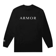The color of this long sleeve shirt is black.  The front of this shirt reads ARMOR in white letters.   On the right side of the shirt reads ARMOR FOR SLEEP in white letters going down the left side of the shirt.