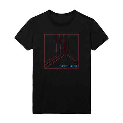 Image is a black Tee shirt with featuring a red box with 4 red lines in it and blue text reading “Silent Drive” on the chest