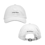 Plain White Dad Hat with "young culture" written on front with in black lowercase lettering. On back "(this is) heaven" is written in black lowercase lettering.