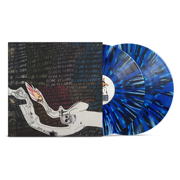VInyl Cover that depicts a strange looking person with fire and smoke in their hands. Behind them is a chalkboard like texture that has words written on it Those words are Bear vs. Shark over and over again.  There is a vinyl sticking out of the cover and it is colored blue with black and white splatter.