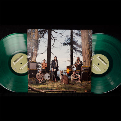 There is a vinyl jacket with a photo of people holding instruments and standing in front of trees. There are amps and percussion instruments behind these people, and a wild animal in the front center of all of it. There are two green vinyl peeking out from the left and right sides of the vinyl jacket.