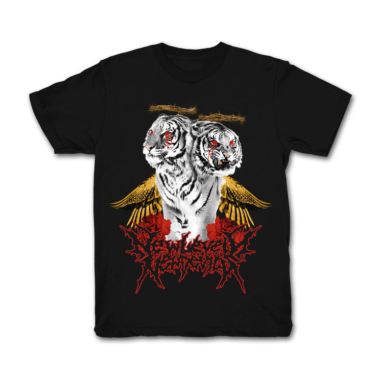 Black short sleeve shirt with two white tigers in the center. The tigers have yellow wings and red dripping from their eyes. The tigers are on top of red text that says NEW LEVELS NEW DEVILS.