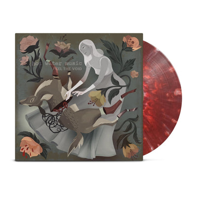Vinyl jacket with artwork of a woman wearing a long grey dress in the center. The woman is reaching down onto her legs where there is a deer that has been split in half. In each corner is drawings of light pink flowers, one of them having a skull blooming out of it. In the top left corner there is text that lightly says HOT WATER MUSIC and below it there is text that says FEEL THE VOID. There is a ruby with pearl splattered vinyl peeking out of the side.