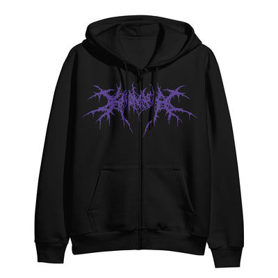 Black zip-up hoodie on a white background. Purple Death Metal Logo that says Kasonashi across chest.  
