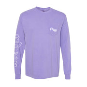 Violet colored long sleeve shirt with a pocket in the top corner, with OUT OF CONTROL written in wavy white font. On one of the arms there is white text that says GIDEON down the side.