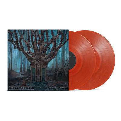 Vinyl jacket with orange / red disc peeking out. Album artwork is a dark forest with one larger tree in the center. The tree has windows built into the trunk with rocks leading up to them. The whole forest is covered in an eerie blue colored fog. In the bottom left, there is text that says "THE DEAR HUNTER", and in the bottom right there is text that says "ACT V HYMNS WITH THE DEVIL IN CONFESSIONAL".
