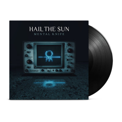 Black vinyl back with white text across the top that says HAIL THE SUN. Below that there is smaller white text that says MENTAL KNIFE. The center of the jacket is an old radio with the Hail The Sun logo in the center in blue (circle with three lines coming out of the bottom). The radio is sitting on a granite reflective surface. There is a black vinyl peeking out of the jacket.