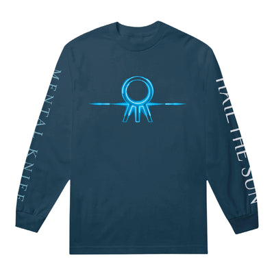 Navy blue colored long sleeve shirt with the Hail The Sun logo across the chest in blue (circle with three lines coming out the bottom. On one sleeve, there is white text that says HAIL THE SUN, and on the other there is blue text that says MENTAL KNIFE.
